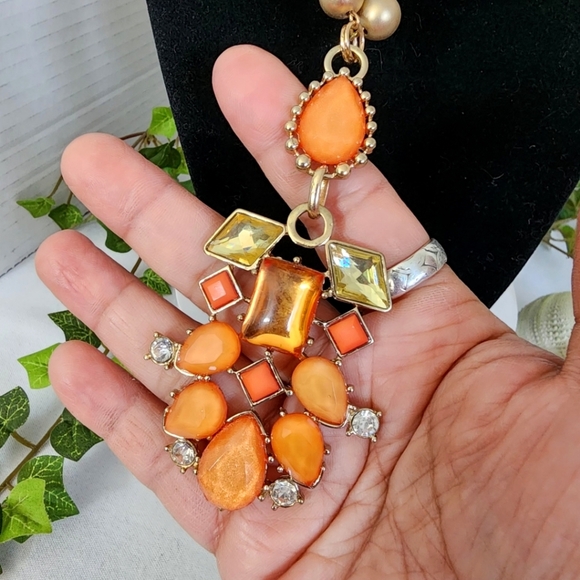 Long Orange and Gold Bead Necklace with Geometric Pendant - Picture 4 of 6